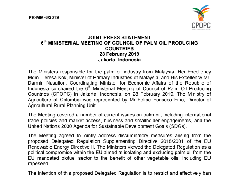 PRESS RELEASE: 6th MINISTERIAL MEETING OF COUNCIL OF PALM OIL PRODUCING COUNTRIES